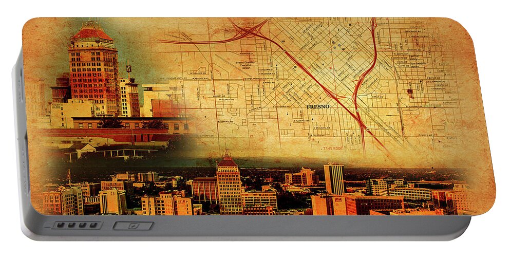 Map Portable Battery Charger featuring the digital art Map of Downtown Fresno on old paper, and panorama of central part by Nicko Prints