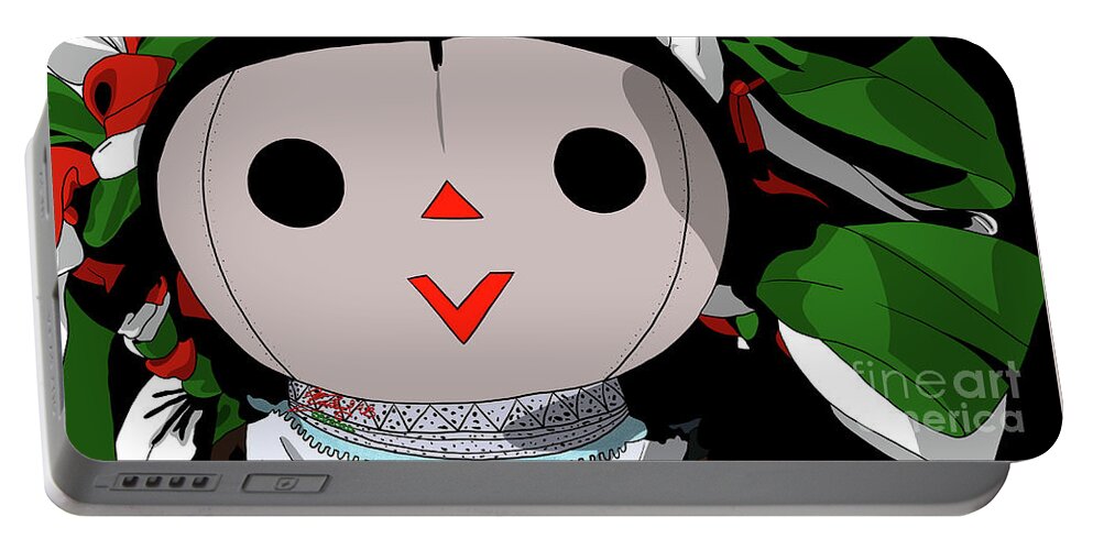 Mazahua Portable Battery Charger featuring the digital art Maria Doll green white red by Marisol VB