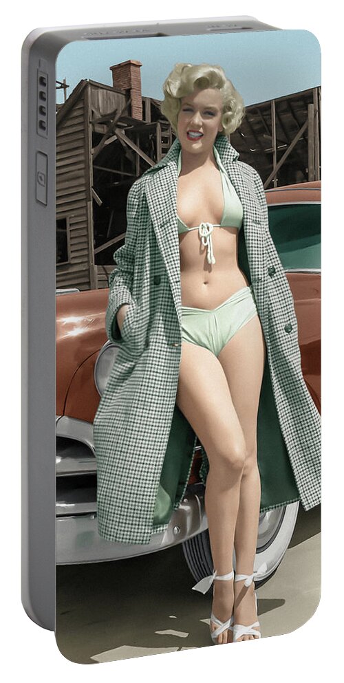 Marilyn Monroe Pinup Sexy Girl California Movies Vintage 1950s Pontiac Hollywood Cars Blond Famous Portrait Fantasy Full Colors  Portable Battery Charger featuring the photograph Marilyn and the Pontiac by Franchi Torres