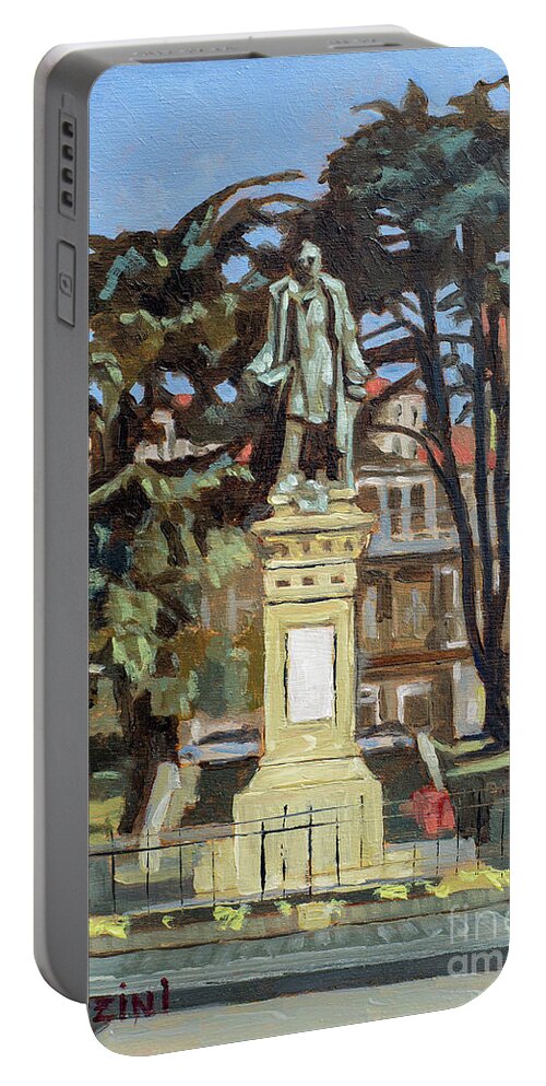 Square Portable Battery Charger featuring the painting Marquees de Amboage Statue and Plaza Ferrol Galicia Spain by Pablo Avanzini