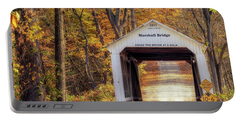 Parke County Portable Battery Charger featuring the photograph Marshall Covered Bridge in Autumn by Susan Rissi Tregoning