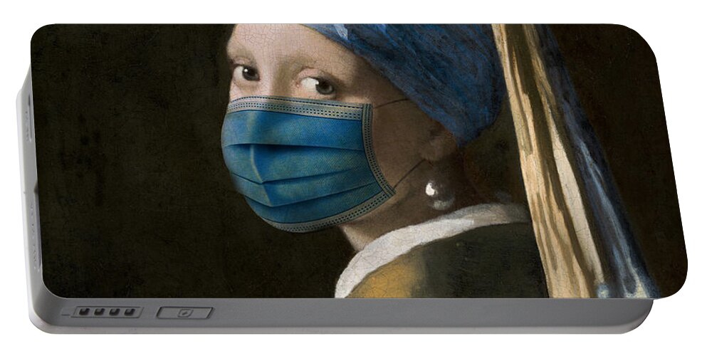 Coronavirus Portable Battery Charger featuring the digital art Masked Girl with a Pearl Earring by Nikki Marie Smith