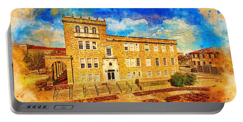 Mathematics And Statistics Building Portable Battery Charger featuring the digital art Mathematics and Statistics building of the Texas Tech University - digital painting by Nicko Prints