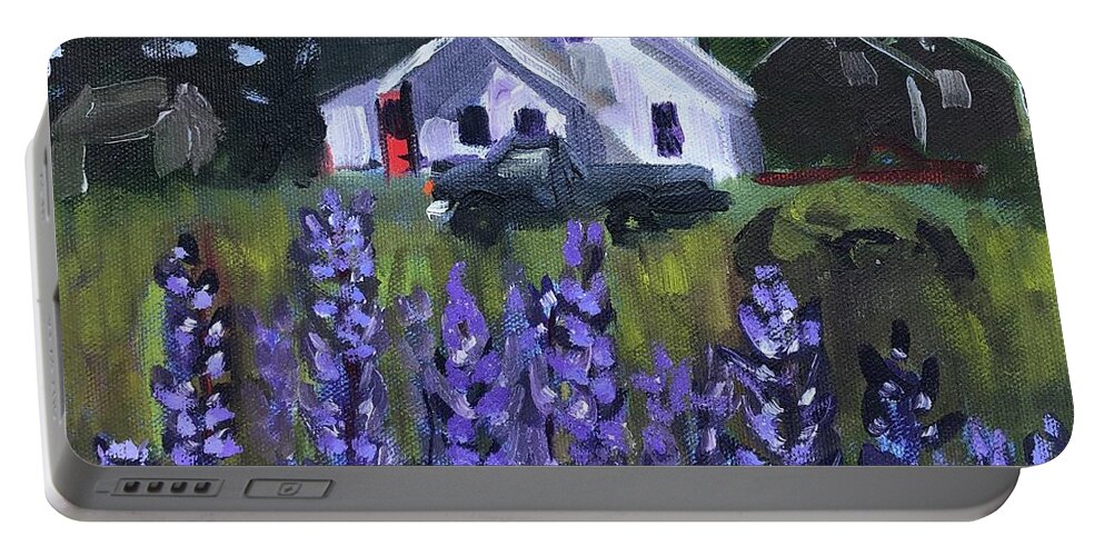 Maine Portable Battery Charger featuring the painting Matinicus House with Lupine by Cyndie Katz
