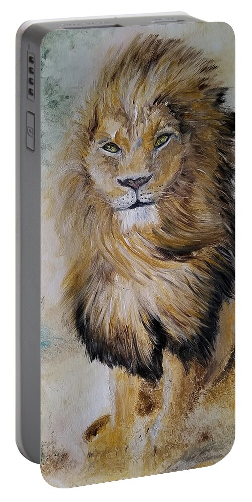 Lion Portable Battery Charger featuring the painting Matthew's Lion by Judith Rhue