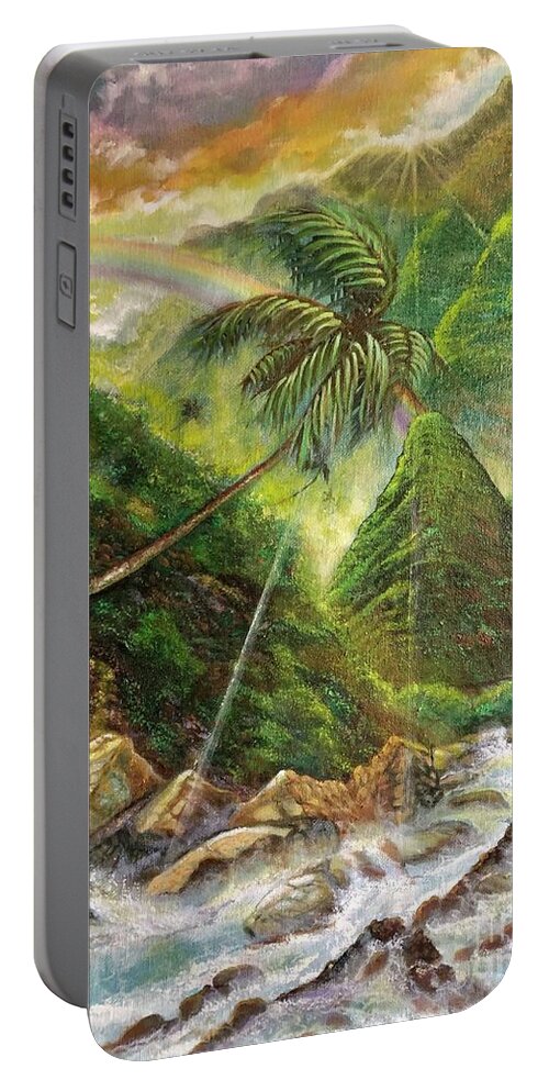 Maui Iao Needle Hawaii Portable Battery Charger featuring the painting Maui Iao Needle by Leland Castro