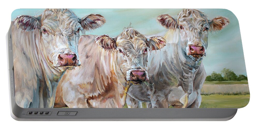 Cow Portable Battery Charger featuring the painting Mavis in the Middle - 3 Cows Painting by Annie Troe