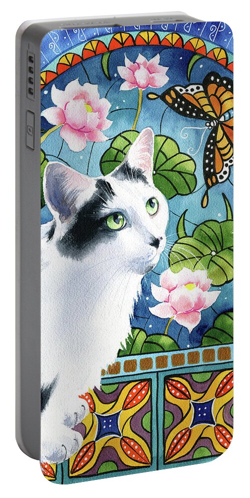 Tuxedo Cats Portable Battery Charger featuring the painting Maximillion With Waterlilies Tuxedo Cat Painting by Dora Hathazi Mendes
