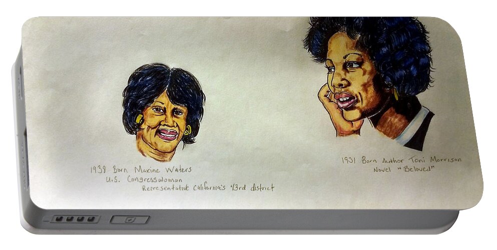  Joedee Portable Battery Charger featuring the drawing Maxine Waters and Toni Morrison by Joedee