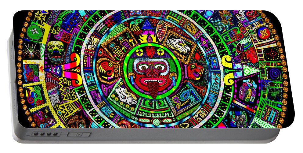 Mayan Calendar Portable Battery Charger featuring the mixed media Mayan Calendar Redux by Myztico Campo