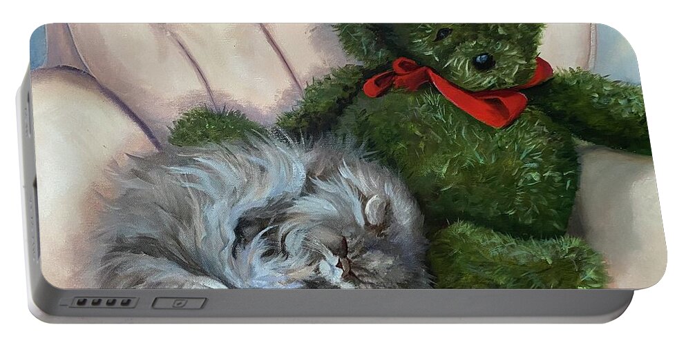Cat Portable Battery Charger featuring the painting Me and my Teddy by Judy Rixom