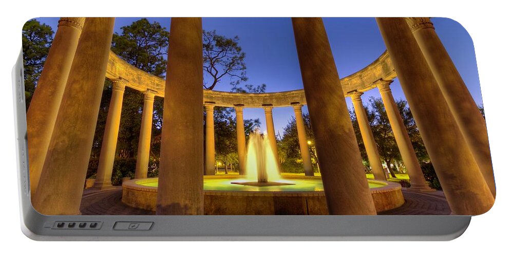Mecom Portable Battery Charger featuring the photograph Mecom Rockwell Colonnade and Fountain by Tim Stanley