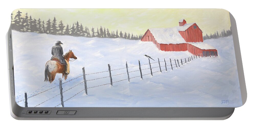 Cowboy Portable Battery Charger featuring the painting Paint Me Back in Wyoming by Jerry McElroy