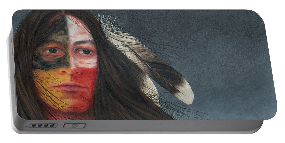 Native American; American Indian; Eagle Feathers; Medicine Wheel; Long Flowing Hair Portable Battery Charger featuring the painting Medicine Man by Valerie Evans