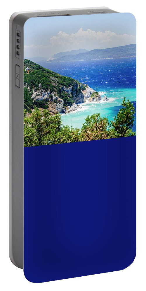 Skiathos Portable Battery Charger featuring the photograph Scenic view of Kastro, Skiathos island, Greece. by Jelena Jovanovic