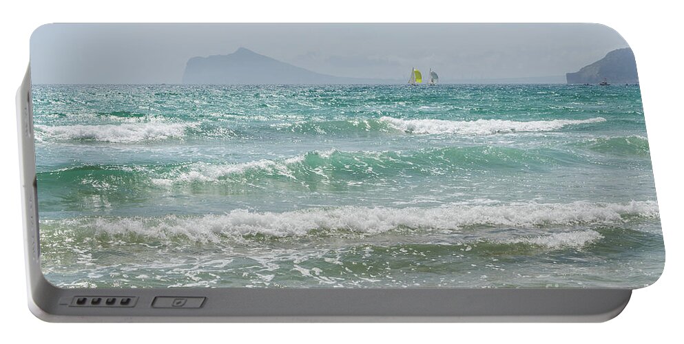 Mediterranean Sea Portable Battery Charger featuring the photograph Mediterranean Sea with waves and sailboats by Adriana Mueller