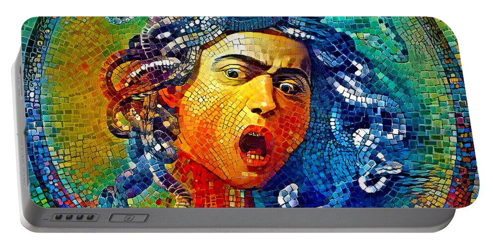 Medusa Portable Battery Charger featuring the digital art Medusa by Caravaggio - colorful mosaic by Nicko Prints