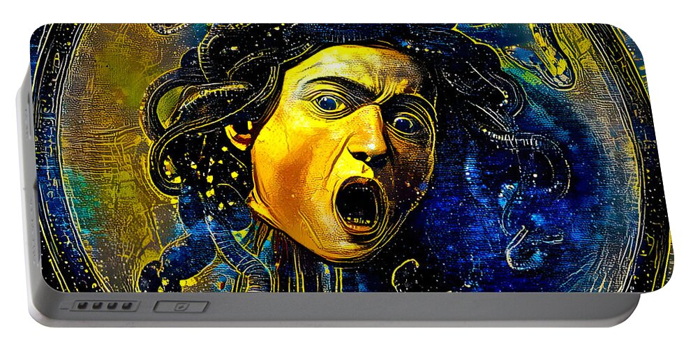 Medusa Portable Battery Charger featuring the digital art Medusa by Caravaggio - starry blue with yellow digital recreation by Nicko Prints