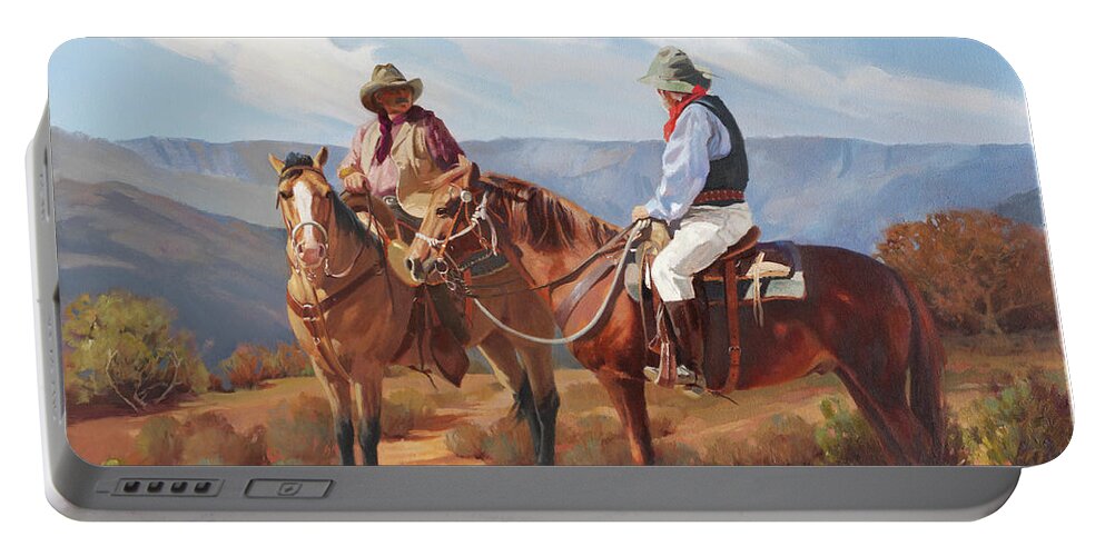 Western Art Portable Battery Charger featuring the painting Meeting on Rim Trail by Carolyne Hawley