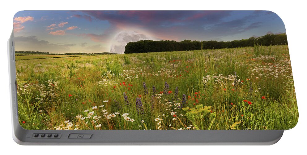 Norfolk Portable Battery Charger featuring the photograph Mega moon rising over flower meadow by Simon Bratt