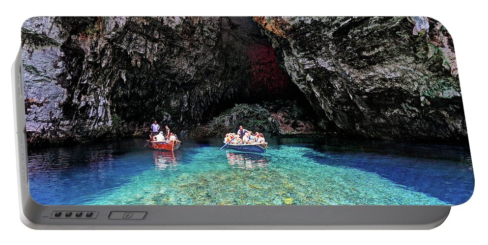 Azure Portable Battery Charger featuring the photograph Melissani lake in Kefalonia, Greece by Constantinos Iliopoulos