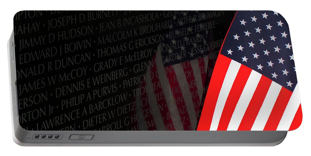 Old Glory Portable Battery Charger featuring the photograph Memorial Wall and Old Glory by Ram Vasudev
