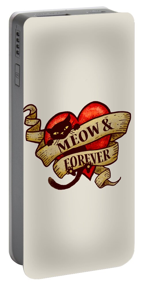 Meow And Forever Portable Battery Charger featuring the digital art Meow and Forever Cat Heart Tattoo by Laura Ostrowski