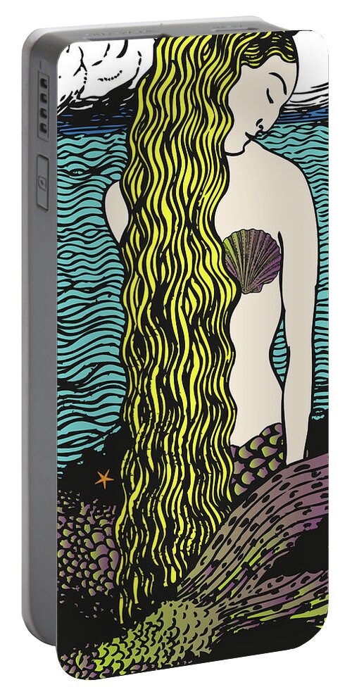 Mermaids Portable Battery Charger featuring the digital art Mermaid by the Ocean by Eclectic at Heart