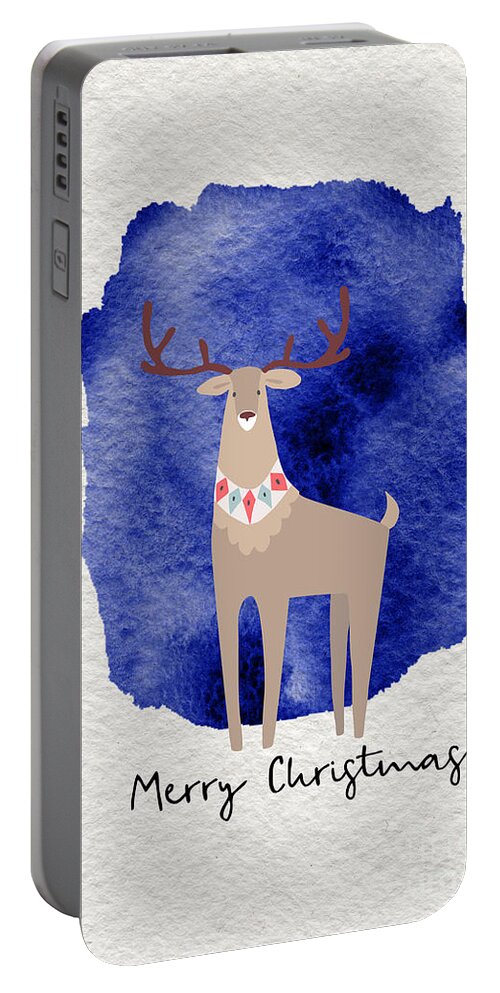 Merry Christmas Portable Battery Charger featuring the painting Merry Christmas Blue Watercolor Deer by Modern Art