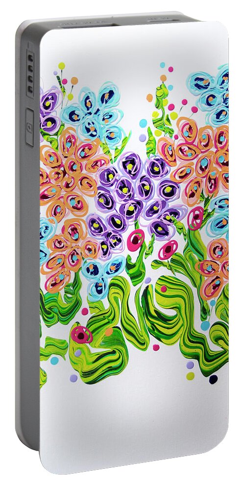 Abstract Floral Painting Portable Battery Charger featuring the painting Miami Garden by Jane Arlyn Crabtree