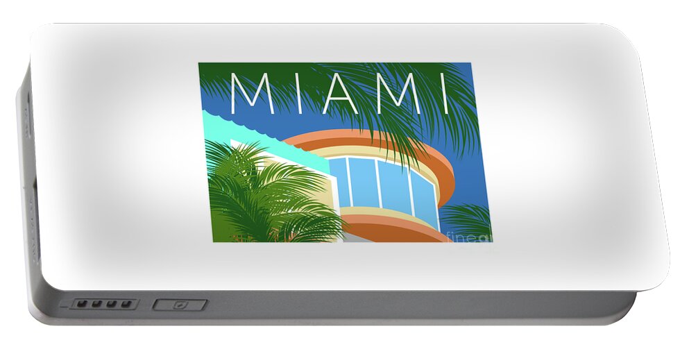 Miami Portable Battery Charger featuring the digital art Miami Round Tower by Sam Brennan