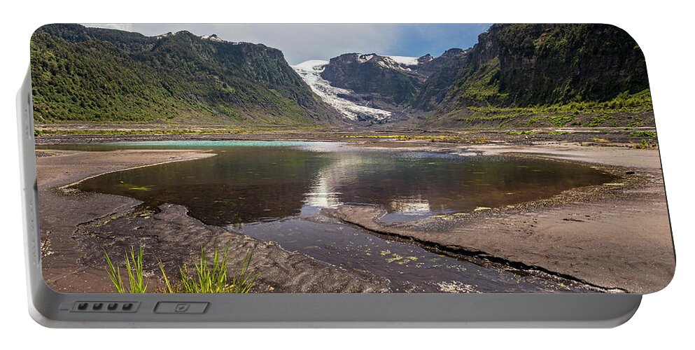 Chile Portable Battery Charger featuring the photograph Michinmahuida glacier with pond reflexion by Henri Leduc