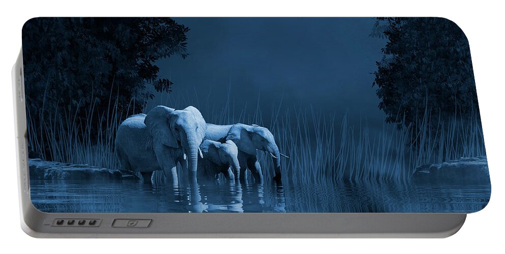 Elephants Portable Battery Charger featuring the digital art Midnight Elephants at the Watering Hole by Diane Schuster