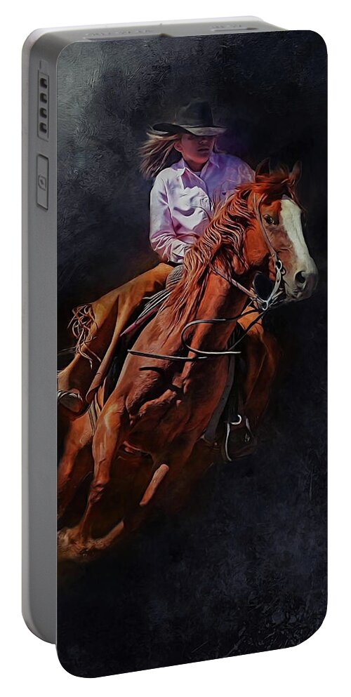 Cowgirl Portable Battery Charger featuring the mixed media Midnight Rider by Kathy Kelly