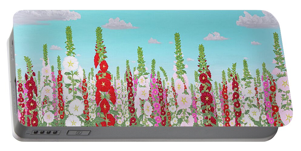 Hollyhocks Portable Battery Charger featuring the painting Midsummer Spectacle by Doug Miller