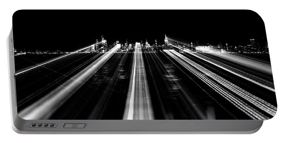 Black And White Portable Battery Charger featuring the photograph Midtown Manhattan at Night by Alina Oswald