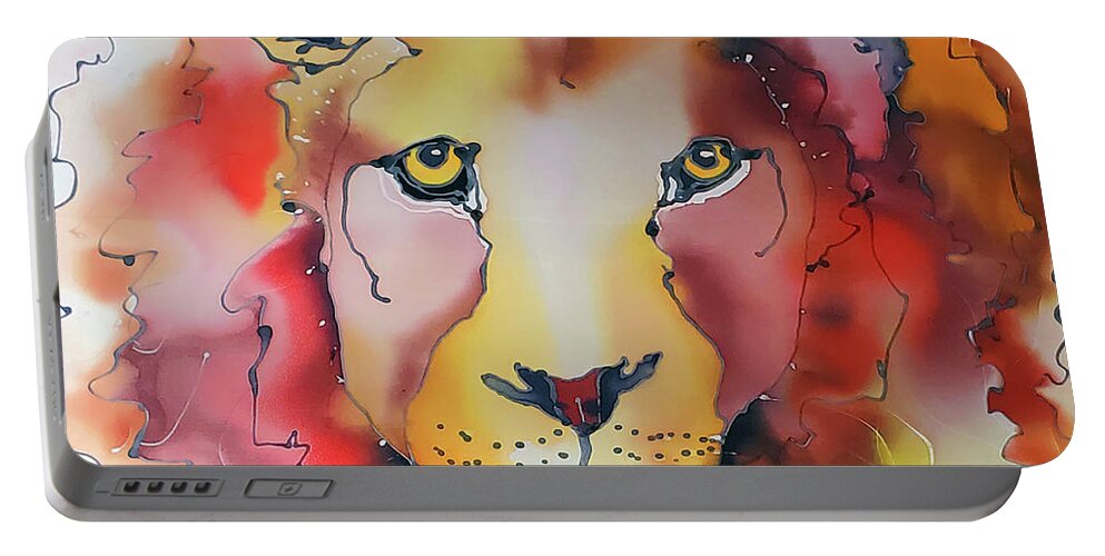 A Mighty Lion King In All His Glory With Sensitive Golden Eyes And A Vibrant Wild Mane In Yellow Portable Battery Charger featuring the tapestry - textile Mighty Lion by Karla Kay Benjamin