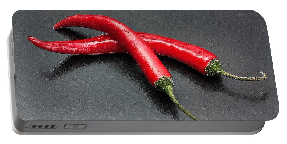 Spices Portable Battery Charger featuring the painting Mild Medium Hot Fire Breathing Red Chili Peppers by Tony Rubino
