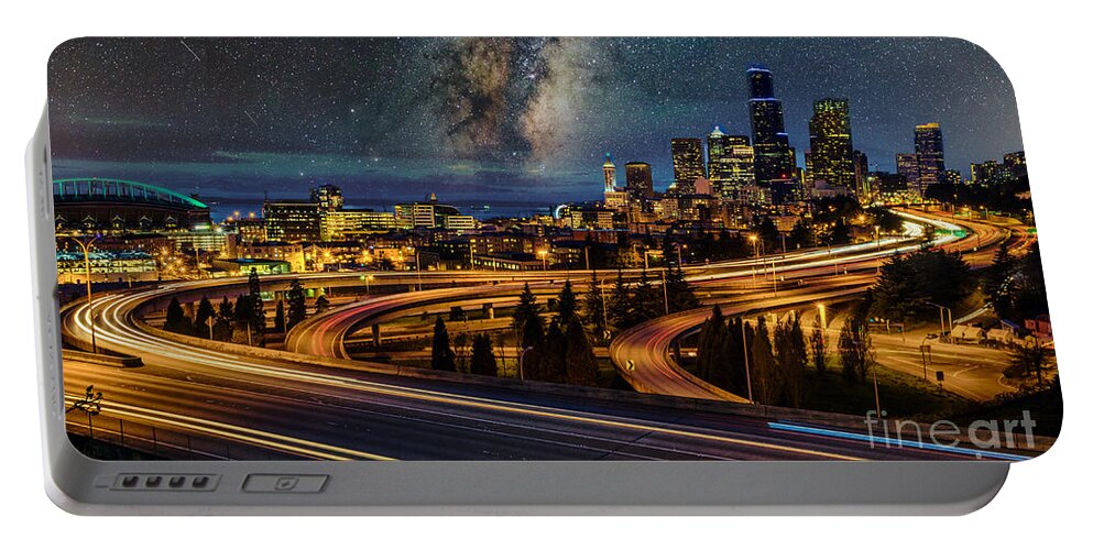 Downtown Portable Battery Charger featuring the photograph Milky Way Night in Seattle by Sal Ahmed