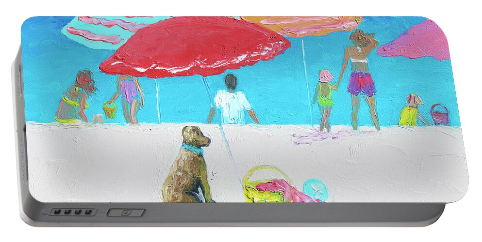 Beach Portable Battery Charger featuring the painting Minding the picnic under a Red Umbrella, beach scene by Jan Matson