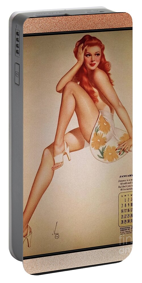 Miss January Portable Battery Charger featuring the painting Miss January Varga Girl 1944 Pin-up Calendar by Alberto Vargas Vintage Pin-Up Girl Art by Rolando Burbon