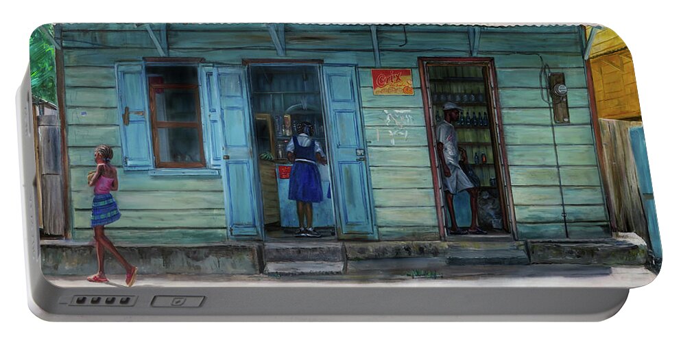 Caribbean Portable Battery Charger featuring the painting Miss Nora's Shop 2 by Jonathan Gladding