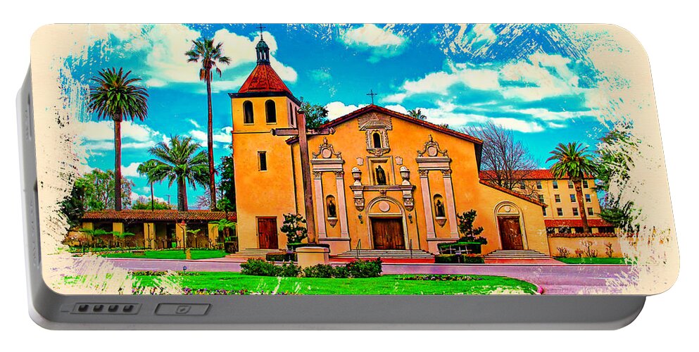 Mission Santa Clara Portable Battery Charger featuring the digital art Mission Santa Clara de Asis, watercolor painting by Nicko Prints