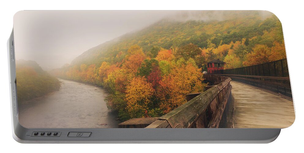 River Portable Battery Charger featuring the photograph Misty Autumn at the Lehigh Gorge by Jason Fink