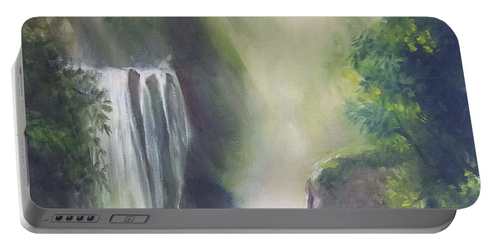  Portable Battery Charger featuring the painting Misty Falls by Caroline Philp
