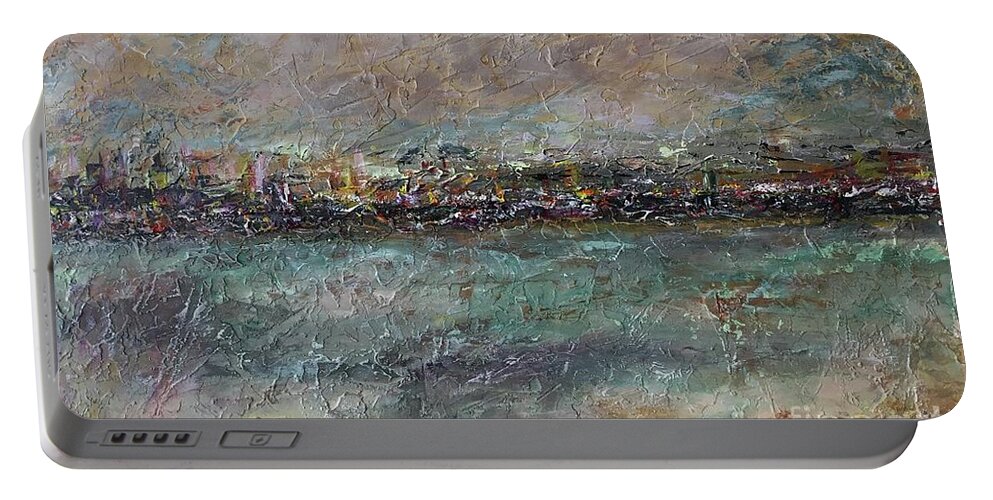 Art Portable Battery Charger featuring the painting Misty Horizon by Maria Karlosak