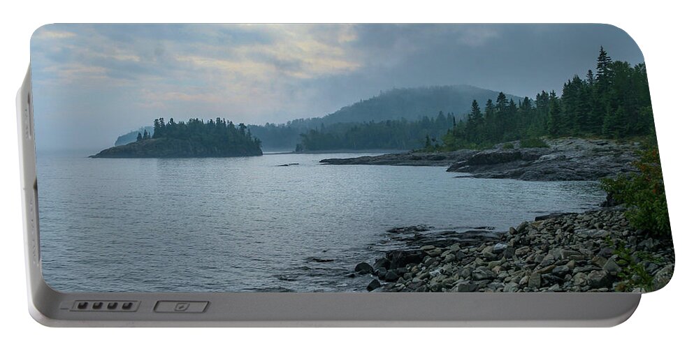 Mist Portable Battery Charger featuring the photograph Misty Morning on Lake Superior by Robert Carter