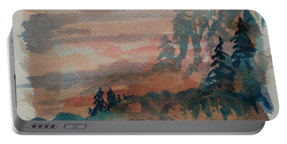 Blue Portable Battery Charger featuring the painting Misty Landscape by Tammy Nara