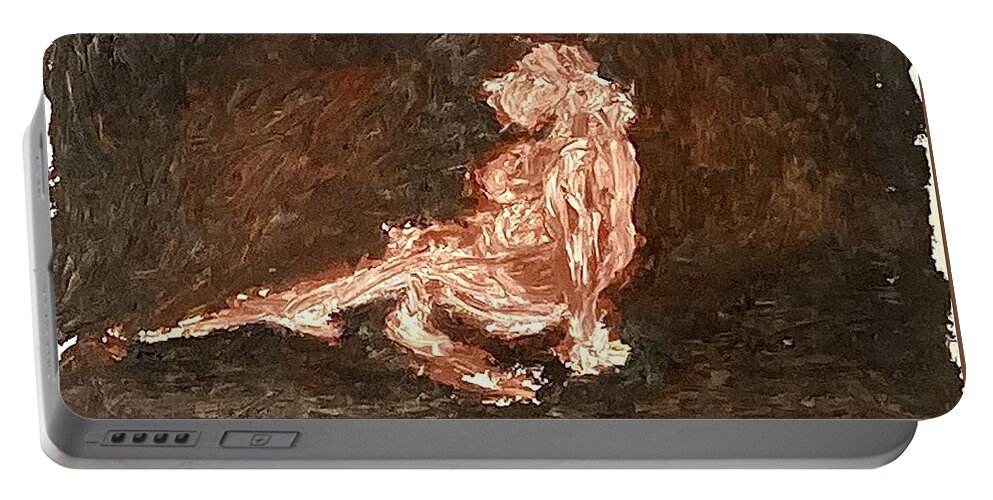 Pink Portable Battery Charger featuring the painting Model sitting on the floor by David Euler