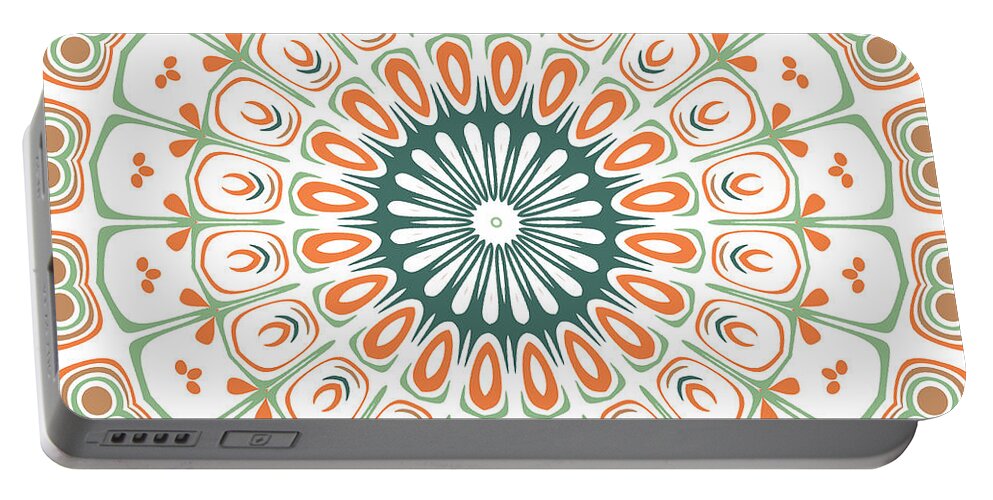Orange Portable Battery Charger featuring the digital art Modern Mandala Kaleidoscope Medallion Design by Mercury McCutcheon